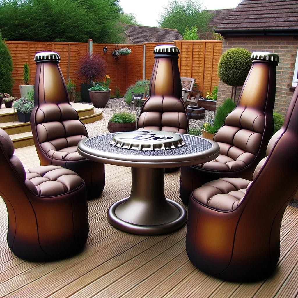 Garden furniture set designed as oversized beer bottles, perfect for casual outdoor gatherings.