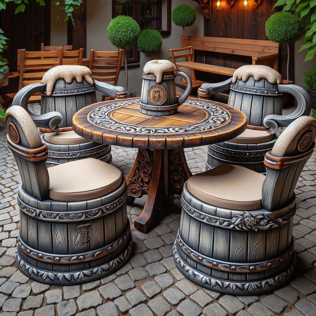 Intricately carved garden table and chairs designed to resemble medieval beer barrels.
