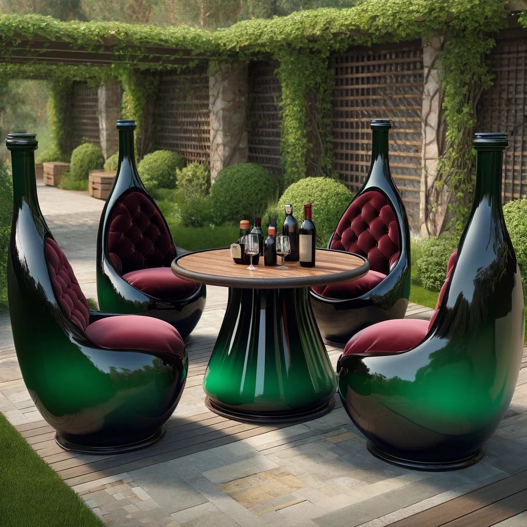 Elegant garden table set designed as wine bottles, set in a lush, vineyard-inspired environment.