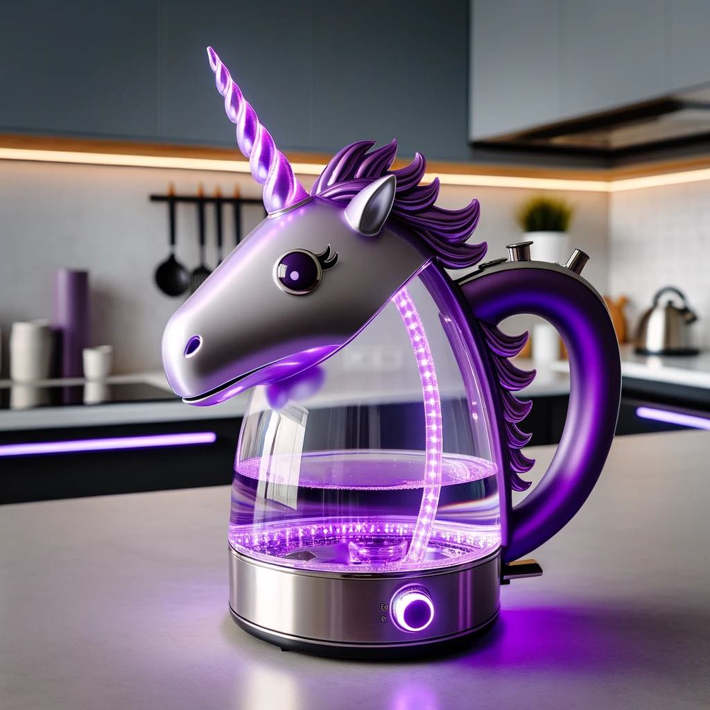 Purple unicorn-shaped kettle with LED lighting on a kitchen counter.