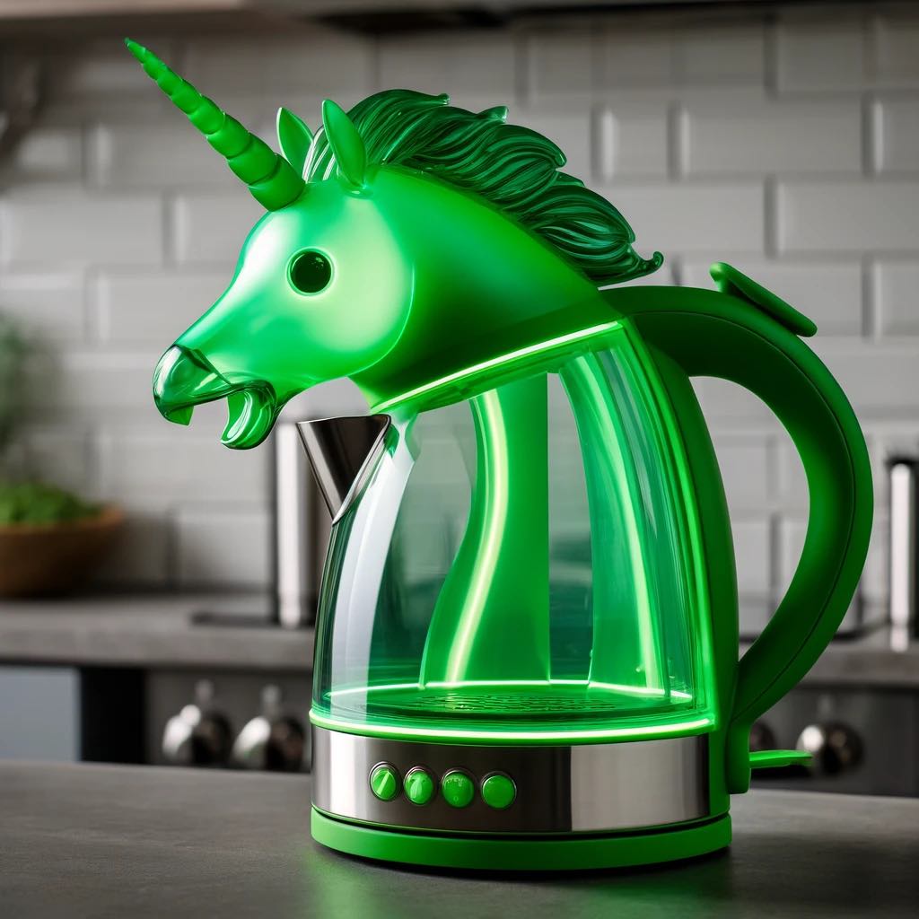 Green unicorn-shaped kettle with LED lighting on a kitchen counter.
