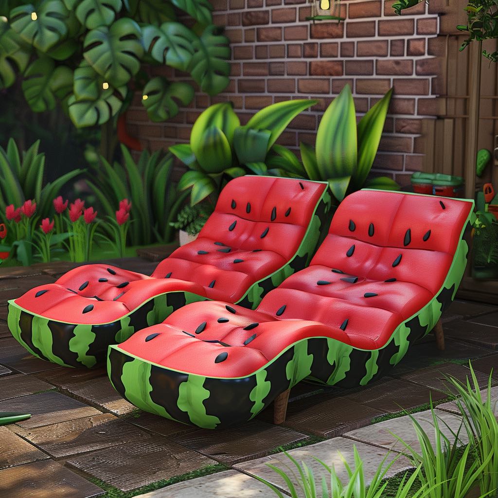 Pair of classic watermelon-themed loungers with red flesh, black seeds, and green rind in a lush garden setting.