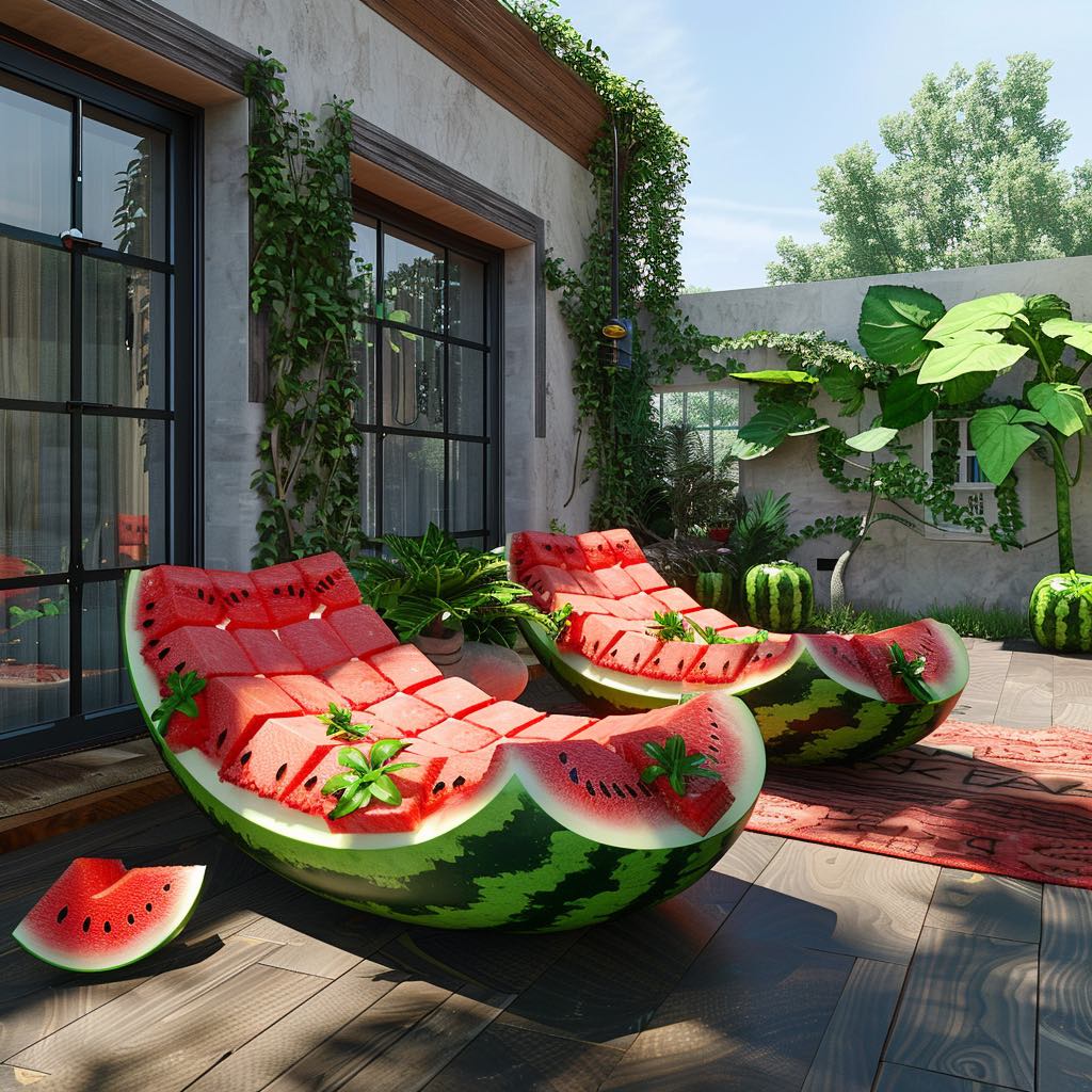 Eye-catching watermelon loungers designed as half slices with vibrant red and green colours, perfect for patios.