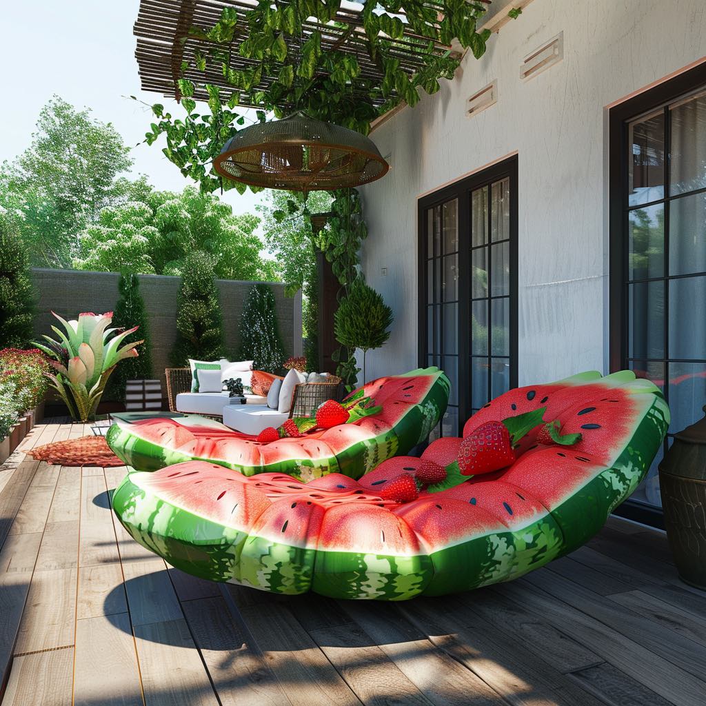 Plush cushioned loungers resembling juicy watermelon slices, adding comfort and charm to a garden.