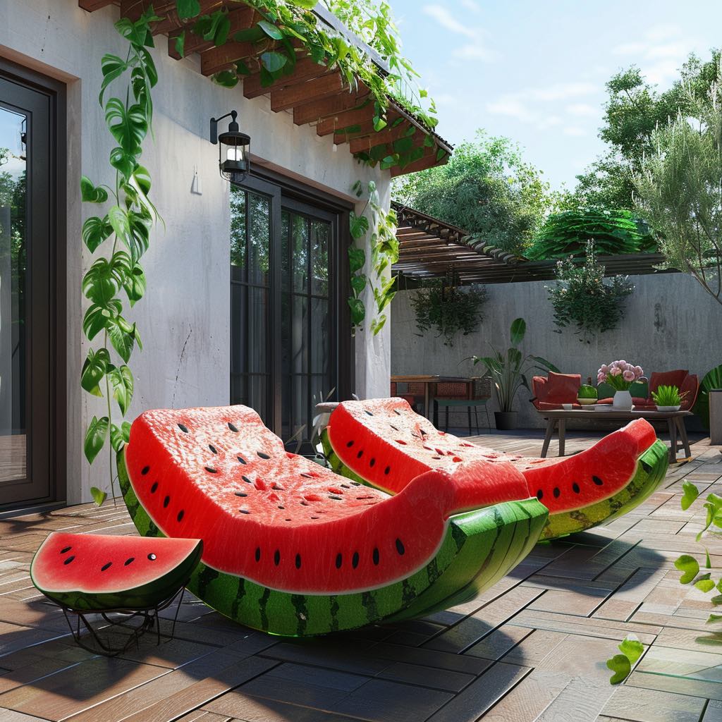 Whimsical watermelon wedge loungers with realistic seed patterns and vibrant colours in an outdoor setting.
