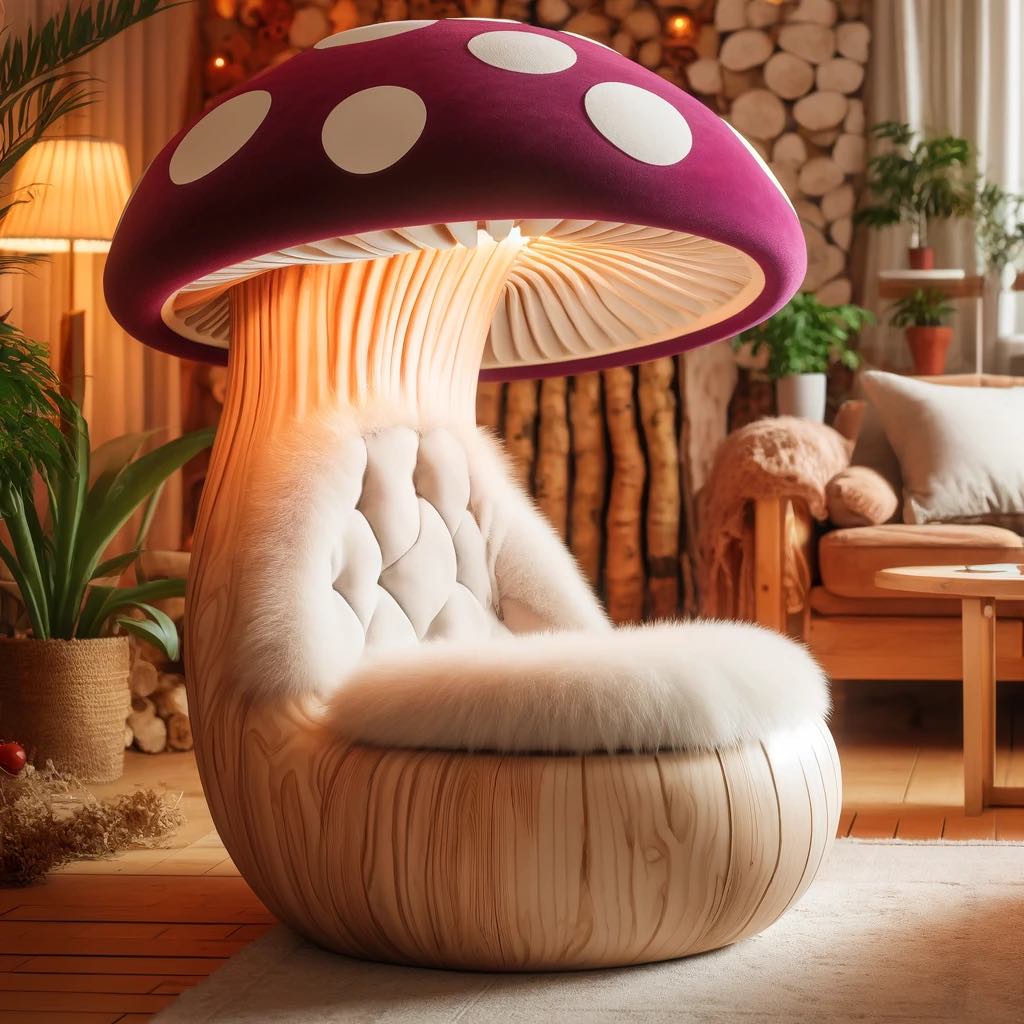 Plush white mushroom chair with a luxurious faux fur finish and velvet cap in a cosy living room.