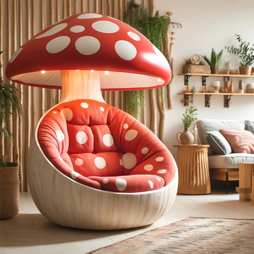 Retro red mushroom chair with white polka dots and cushioned seat in a playful room setting.