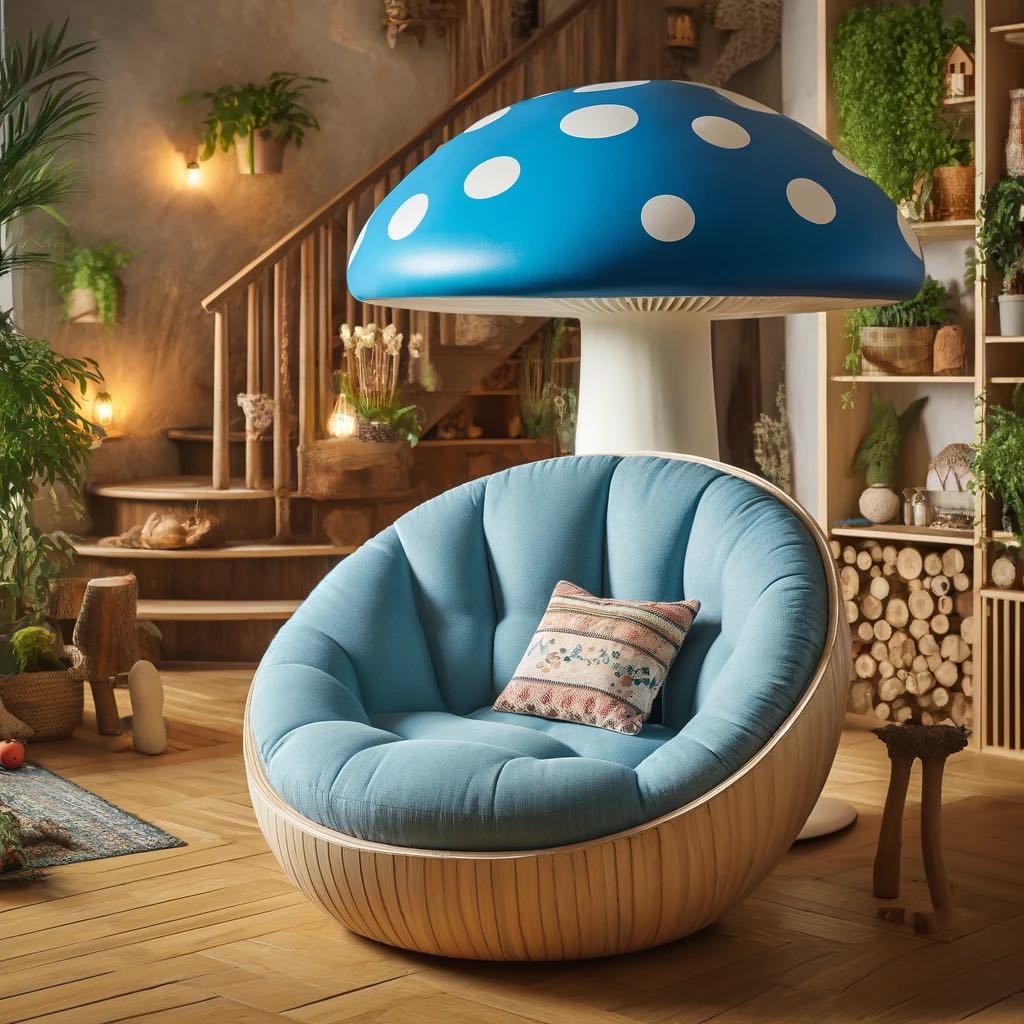 Cool blue mushroom chair with a soft cushioned seat and wooden base in a tranquil interior.
