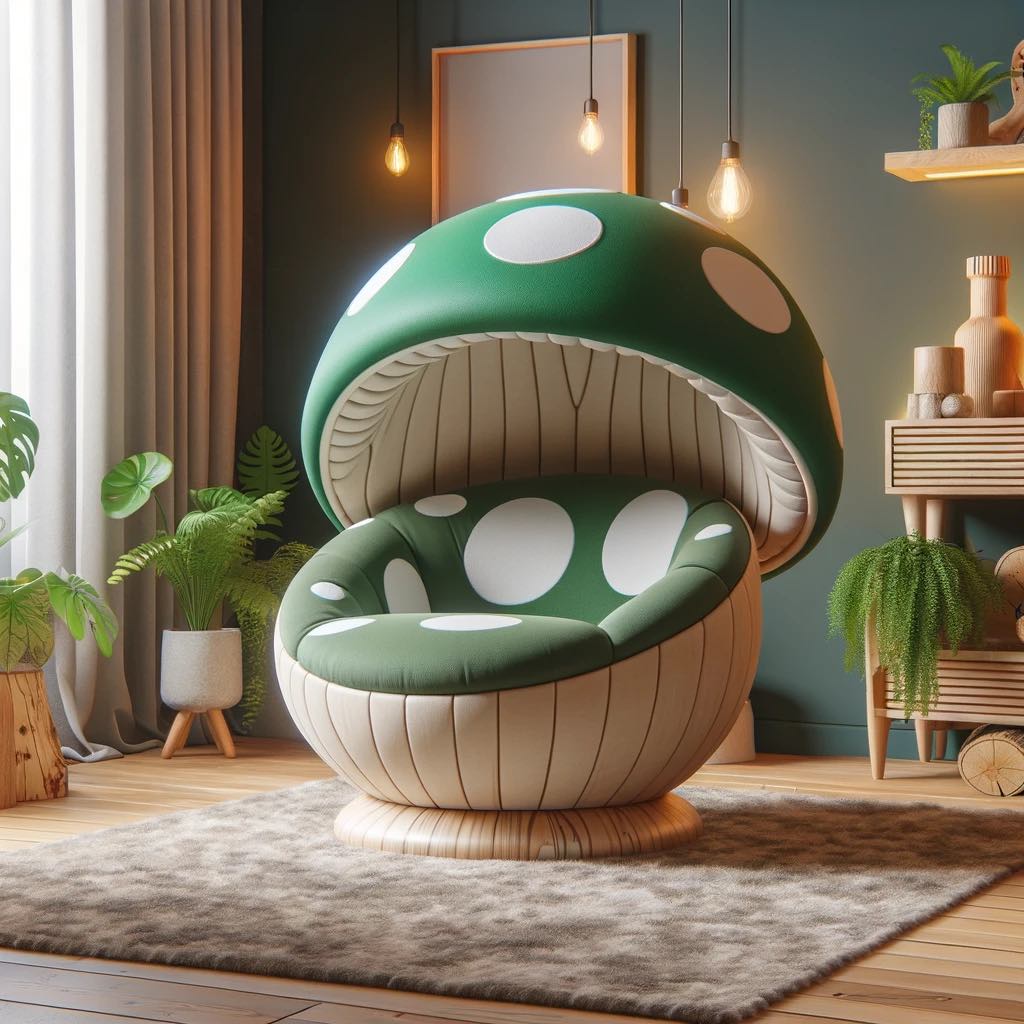 Green garden mushroom chair with earthy tones and natural textures in a nature-inspired room.