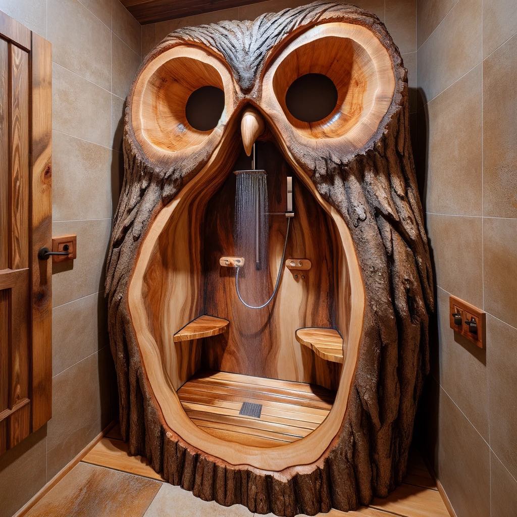 Intricately carved wooden shower resembling an owl with a beak-shaped showerhead.
