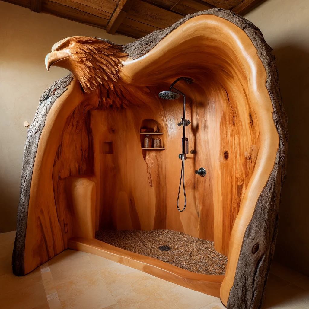 Majestic wooden shower carved to resemble an eagle with outspread wings.