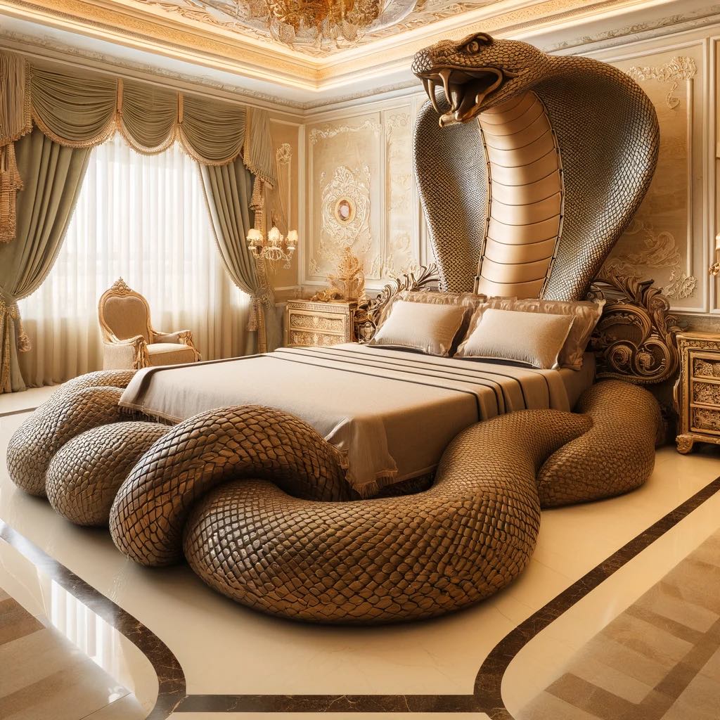 Majestic golden cobra-themed bed with intricate scale detailing and a regal cobra headboard in a luxurious bedroom.