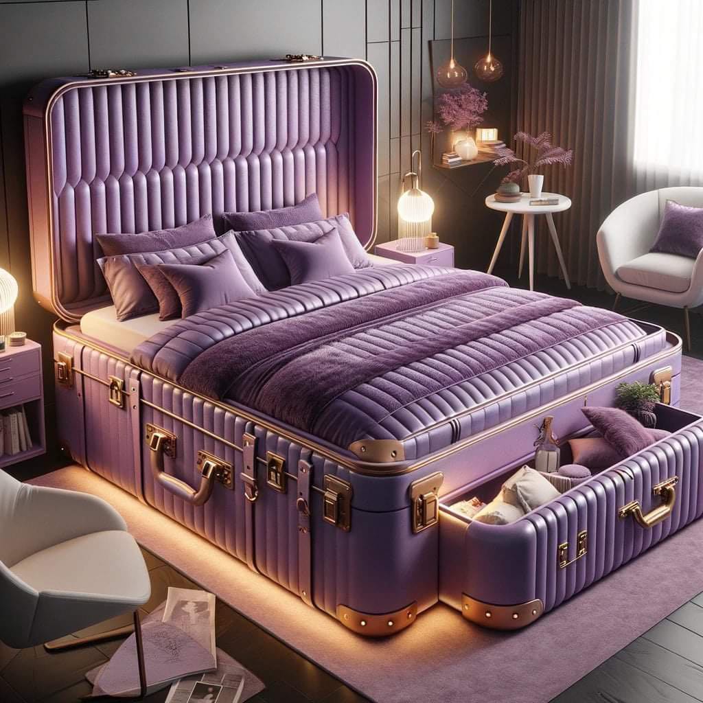 Luxurious beige suitcase bed with brass accents and quilted headboard in an elegant bedroom setting.