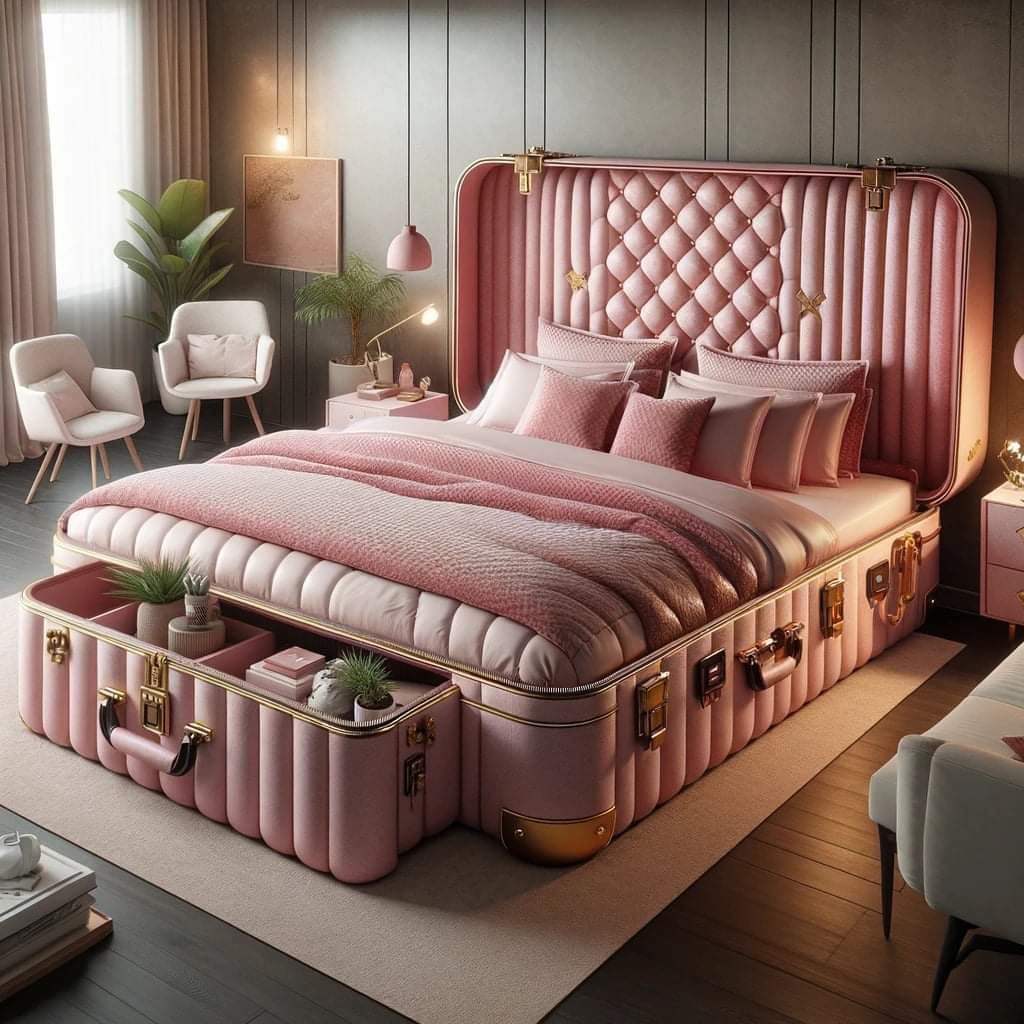 Modern black suitcase bed with gold hardware and quilted headboard in a stylish contemporary bedroom.
