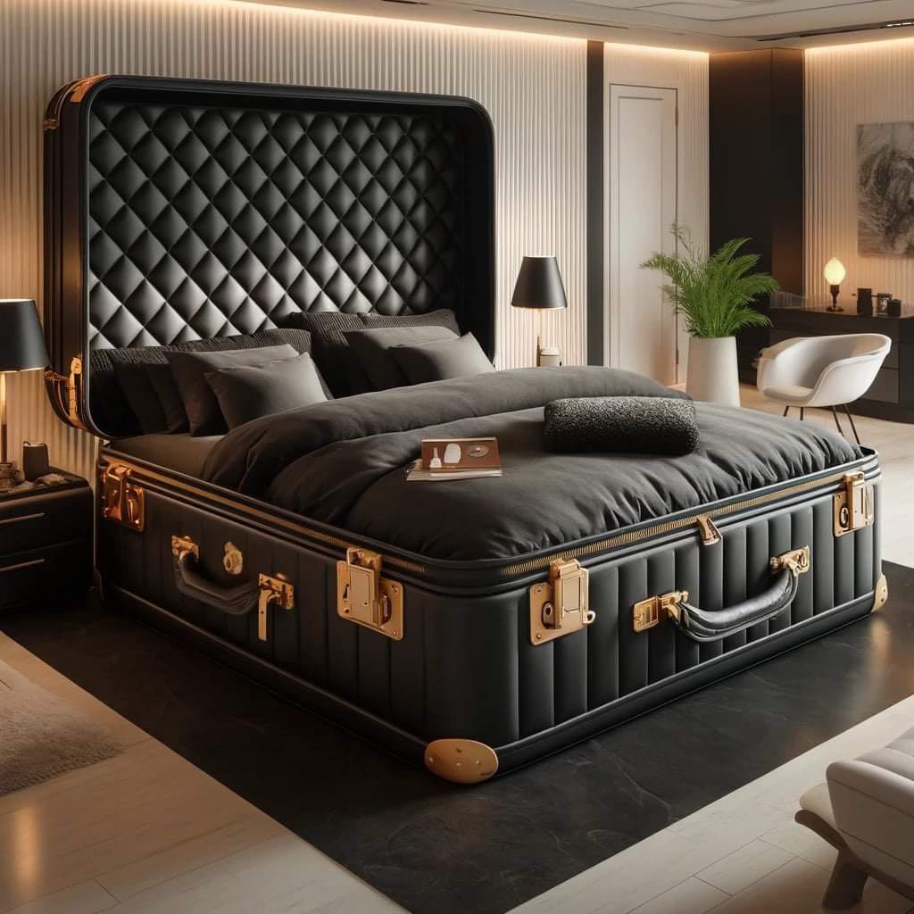 Chic pink suitcase bed with gold accents and quilted headboard in a feminine bedroom setting with extra storage.
