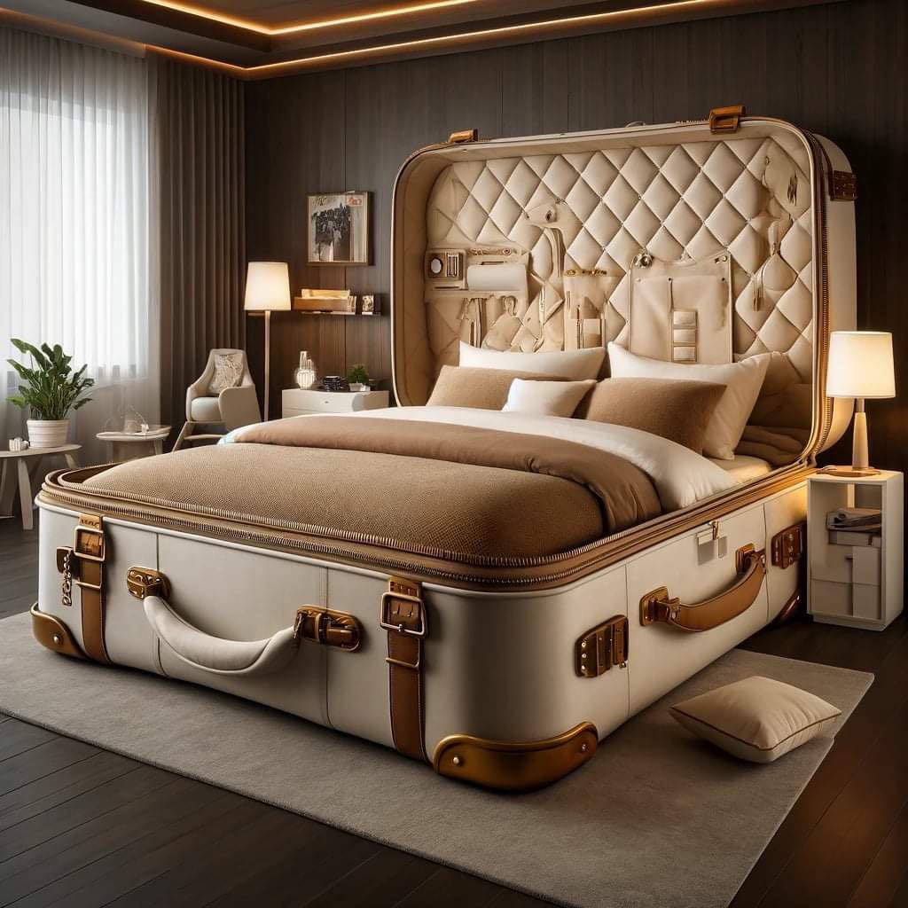 Luxurious purple suitcase bed with gold details and quilted headboard in a sophisticated bedroom setting.