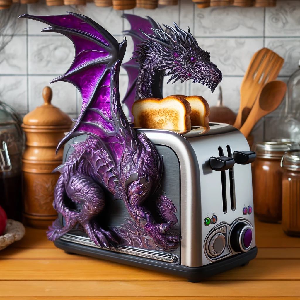 Toaster adorned with a striking purple dragon, showcasing detailed scales and wings, in a kitchen setting.