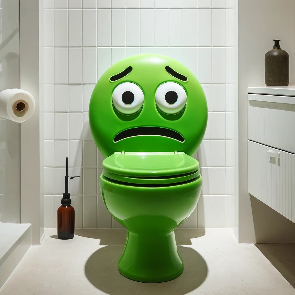 Bright green emoji-themed toilet with a sick expression in a white bathroom.