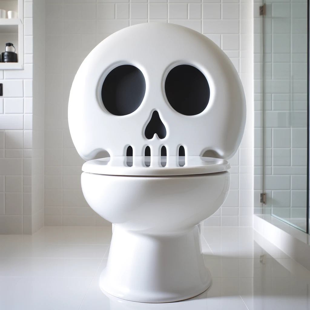 White skull emoji-themed toilet with striking black eyes and nose in a modern bathroom.