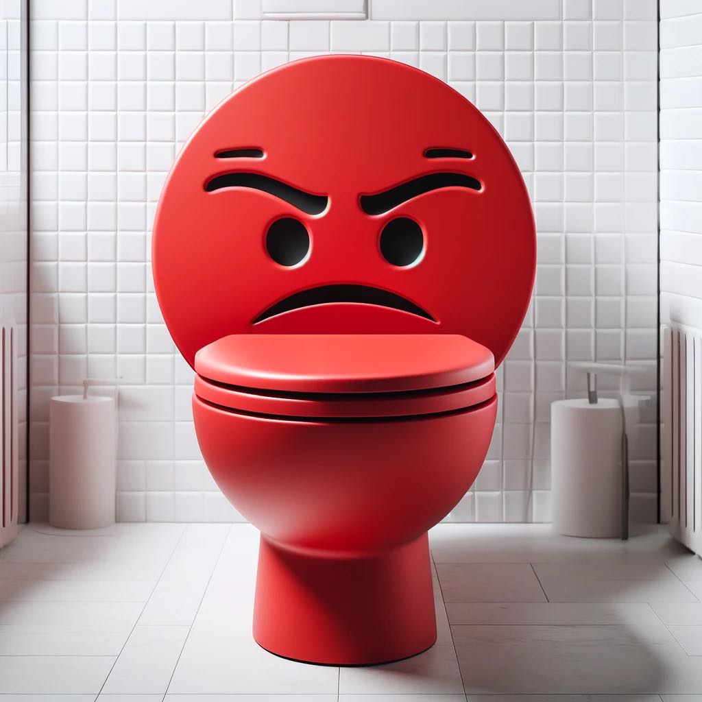 Bright red emoji-themed toilet with an angry expression in a contemporary bathroom.
