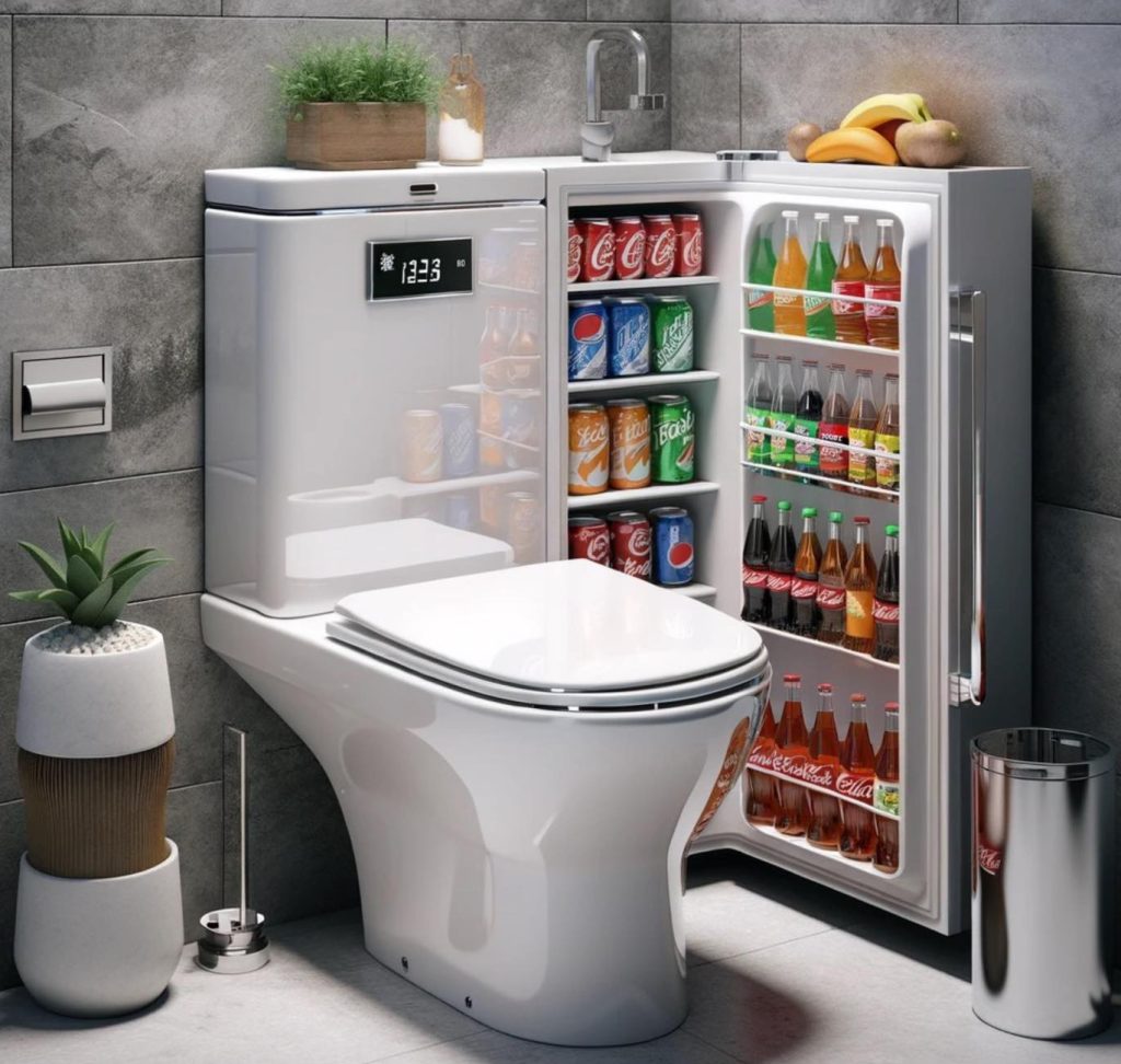 A sleek modern toilet with an integrated fridge filled with beverages and snacks in a stylish bathroom.