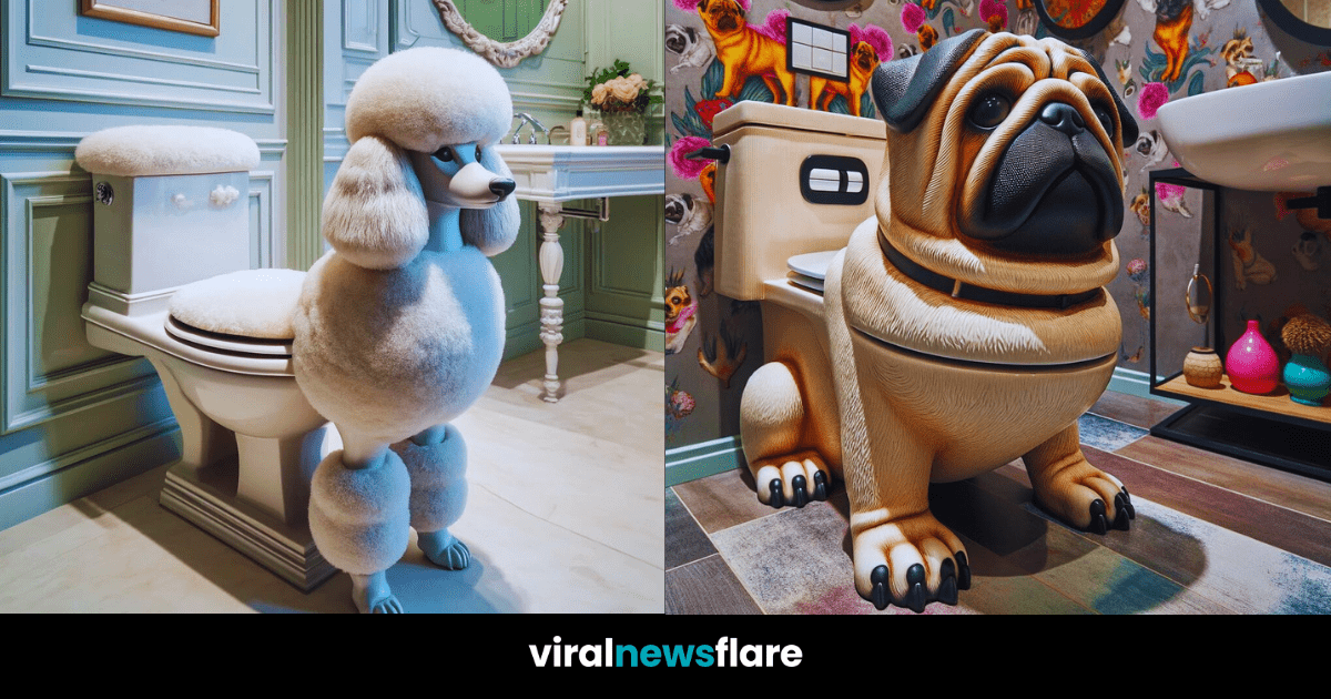 A golden Pomeranian-shaped toilet in a luxurious bathroom setting, showcasing creativity in home fixtures.