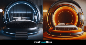 A collection of futuristic beds inspired by headphones, showcasing innovative designs with neon lighting and plush elements in a modern setting.