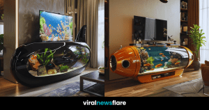A collection of submarine-inspired aquariums in white, black, orange, and yellow, each blending innovative design with aquatic elegance for modern interiors.