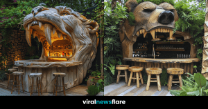 A series of bars artistically sculpted into animal and mythical shapes in various lush settings, showcasing exceptional creativity and craftsmanship.