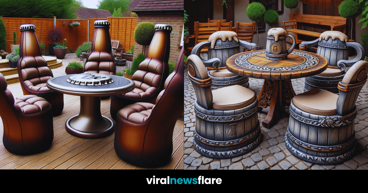 A variety of creatively designed garden table sets, each providing a unique theme and inviting atmosphere for outdoor gatherings.