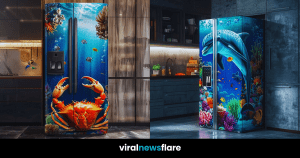 A collage of creatively designed refrigerators showcasing different oceanic and fantastical themes in modern kitchen settings.