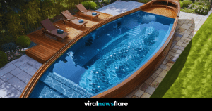 Close-up view of the Viking longboat pool with clear blue water and intricate wooden details.