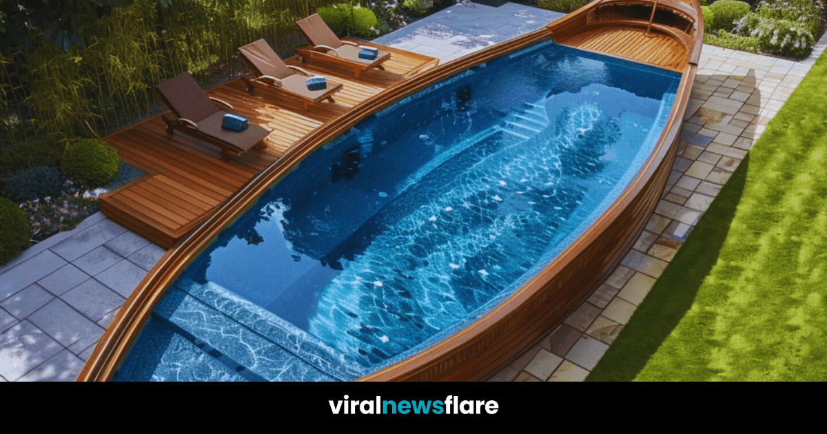 Close-up view of the Viking longboat pool with clear blue water and intricate wooden details.