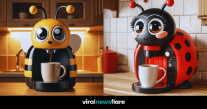 Various bug-themed coffee makers including bee, spider, butterfly, ladybug, and caterpillar designs in charming kitchen settings