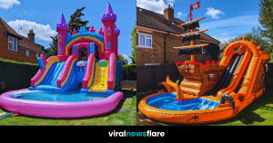 Various themed inflatable pool slides including a castle, pirate ship, and fire truck in backyard settings.
