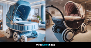 Various luxurious pram beds including vintage, royal blue, elegant white, and lavender designs in stylish bedroom settings.