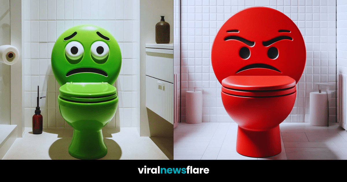Various emoji-themed toilets including green sick, white skull, red angry, yellow mask, and blue frozen designs in stylish bathroom settings
