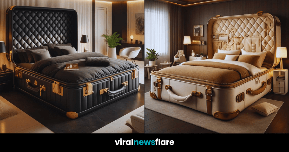 A collection of luxurious suitcase beds in various styles and colours, including beige, black, pink, and purple, displayed in stylish bedroom settings.