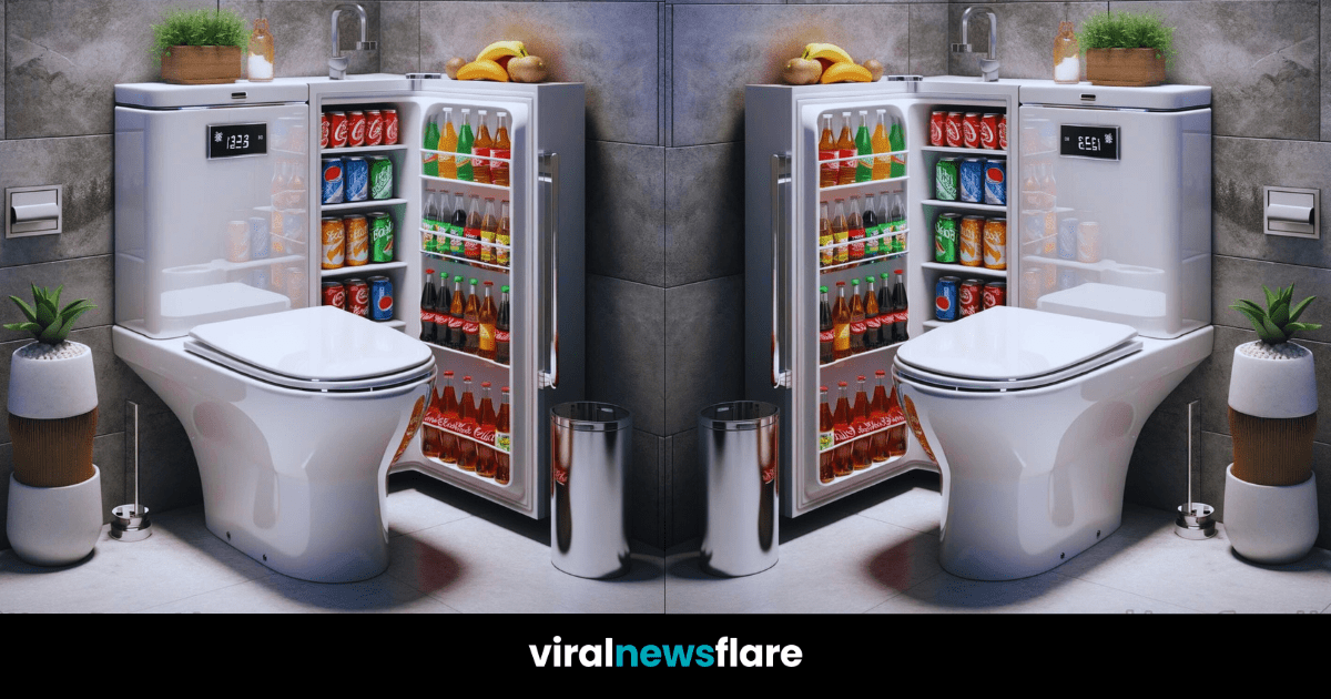 Innovative bathroom design featuring a toilet with a built-in fridge, complete with digital display and adjustable temperature settings.