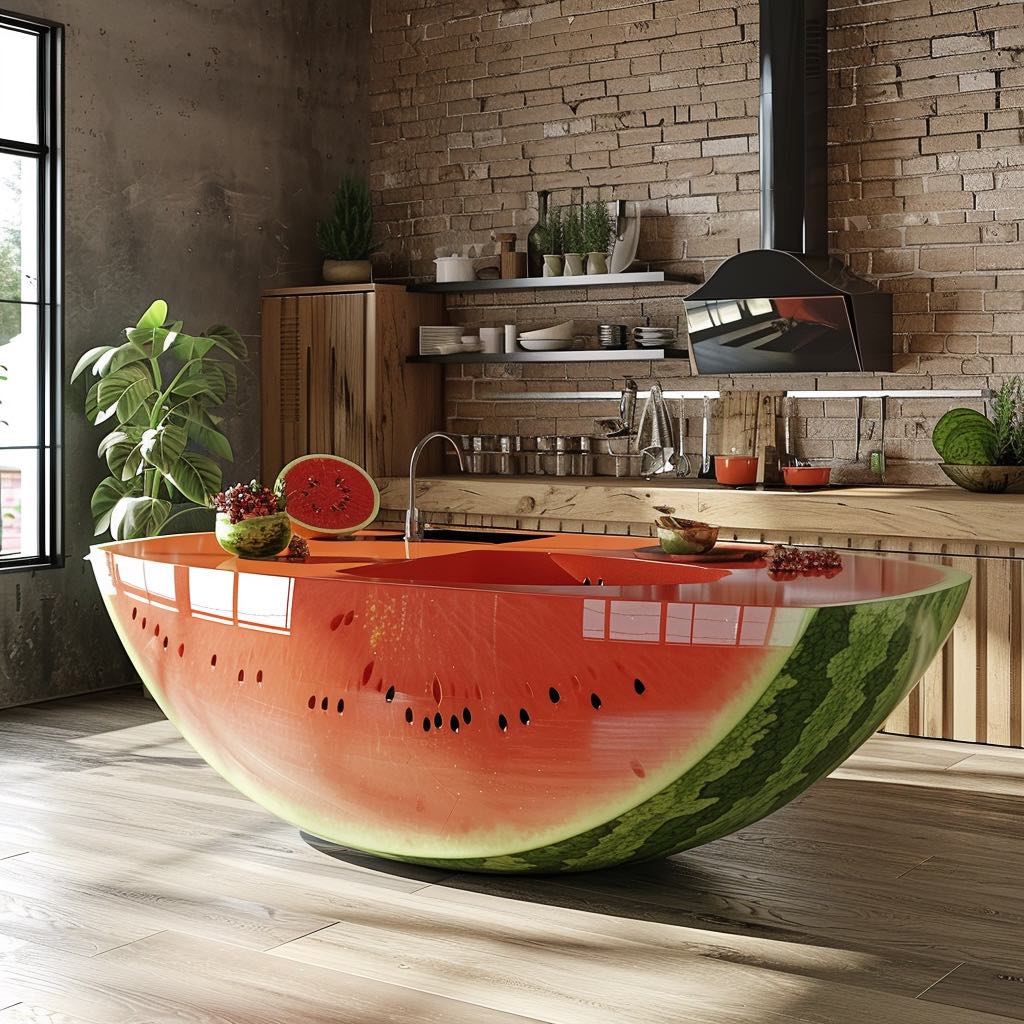 A kitchen with a watermelon-themed breakfast bar featuring a vivid green rind and juicy red interior.