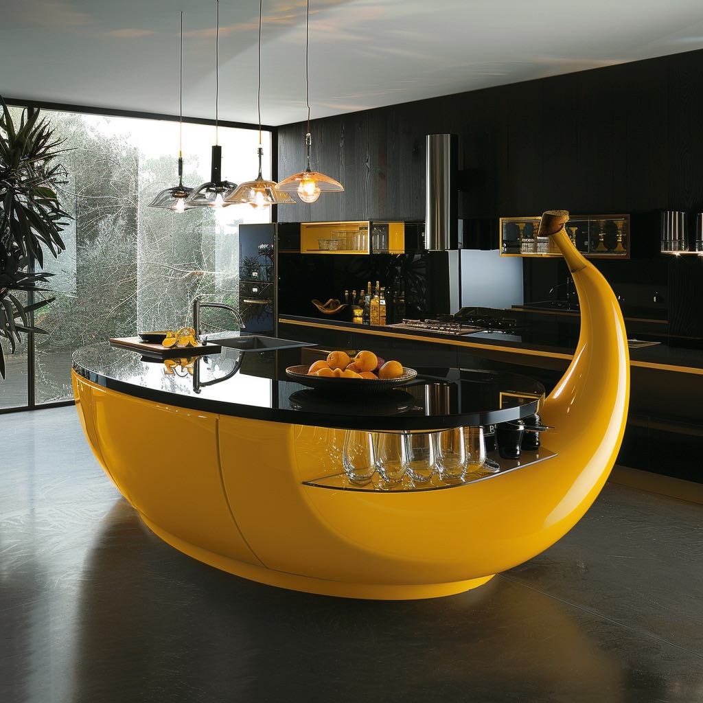 A modern kitchen with a banana-themed breakfast bar in glossy yellow with a black countertop.