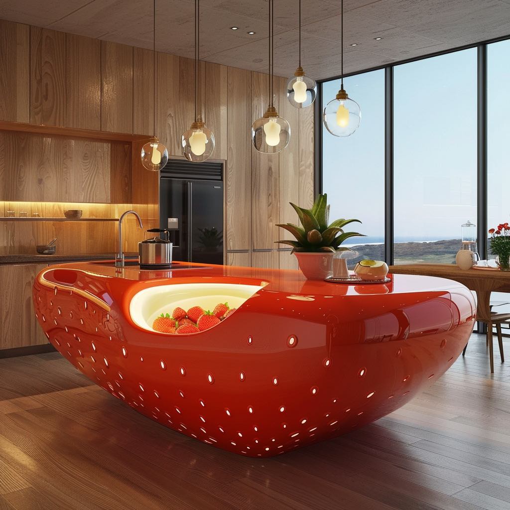 A kitchen featuring a strawberry-themed breakfast bar with a vibrant red colour and tiny seed details.