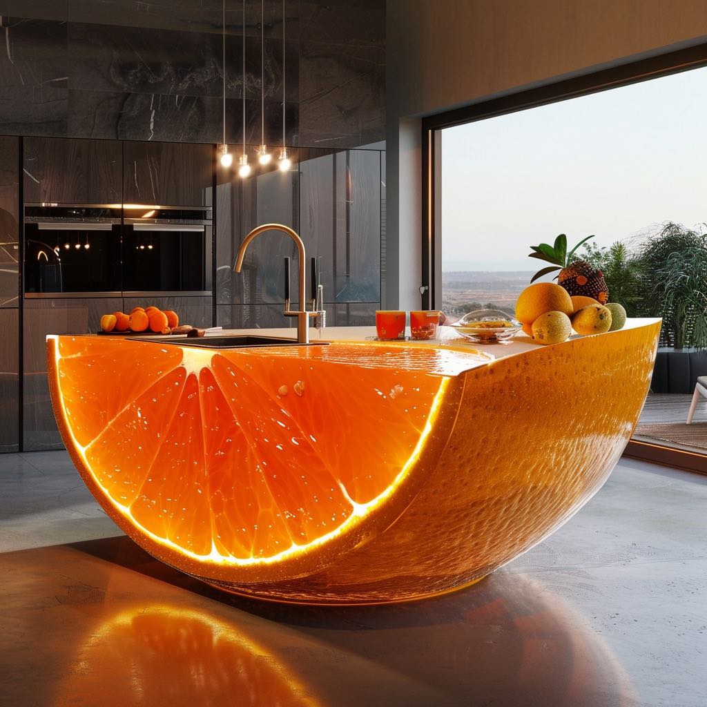 A contemporary kitchen with an orange-themed breakfast bar, bright orange hue, and illuminated segments.