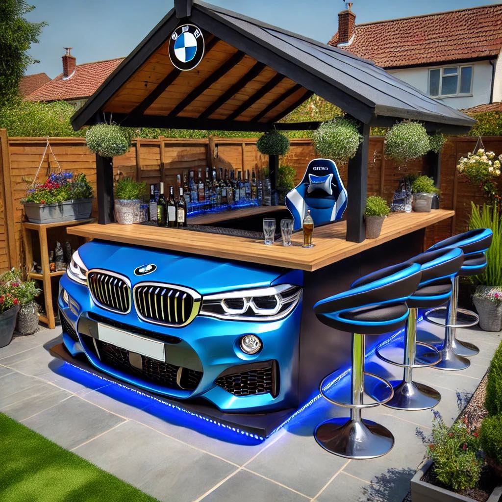 Blue BMW car front garden bar with wooden countertop and LED lights in a modern garden.
