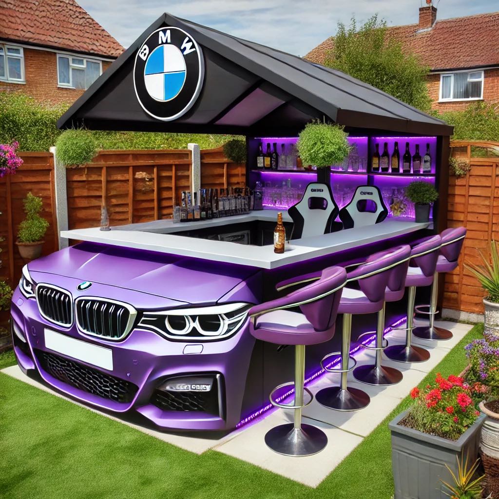 Purple BMW car front garden bar with matching stools and LED lights in a luxurious garden.