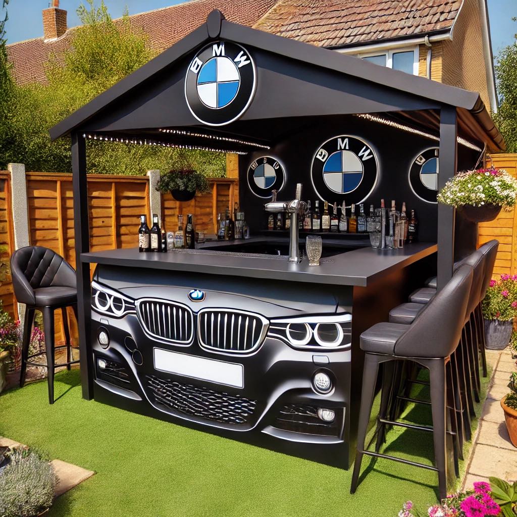 Collection of BMW car-inspired garden bars in various colours including pink, blue, purple, and black.
