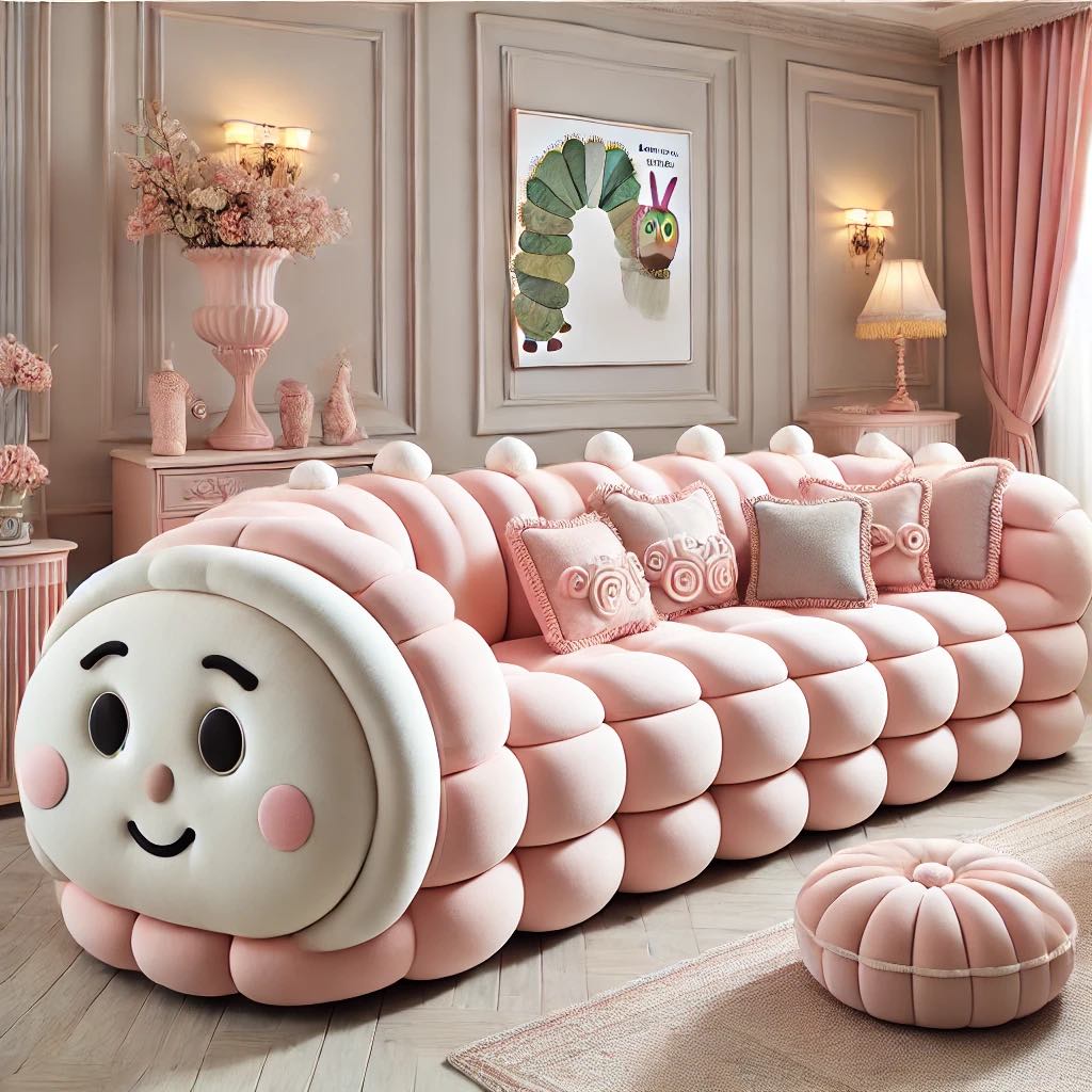 Pink caterpillar sofa with a smiling face and plush design in a cosy living room.