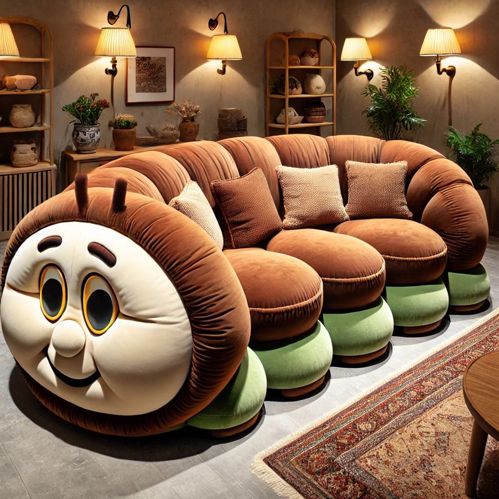 Brown caterpillar sofa with green accents and a friendly face in a rustic living room. 