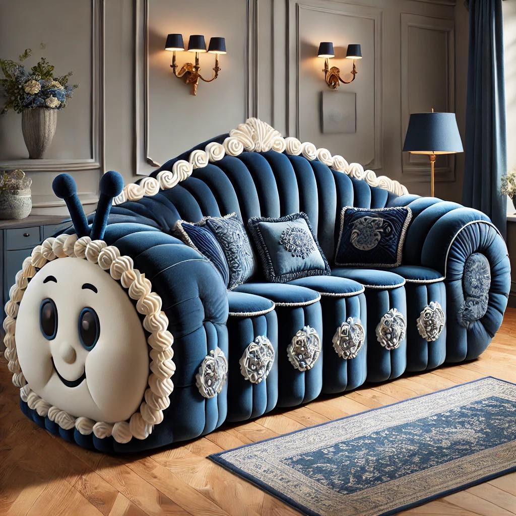 Blue caterpillar sofa with intricate detailing and a whimsical face in an elegant living room. 