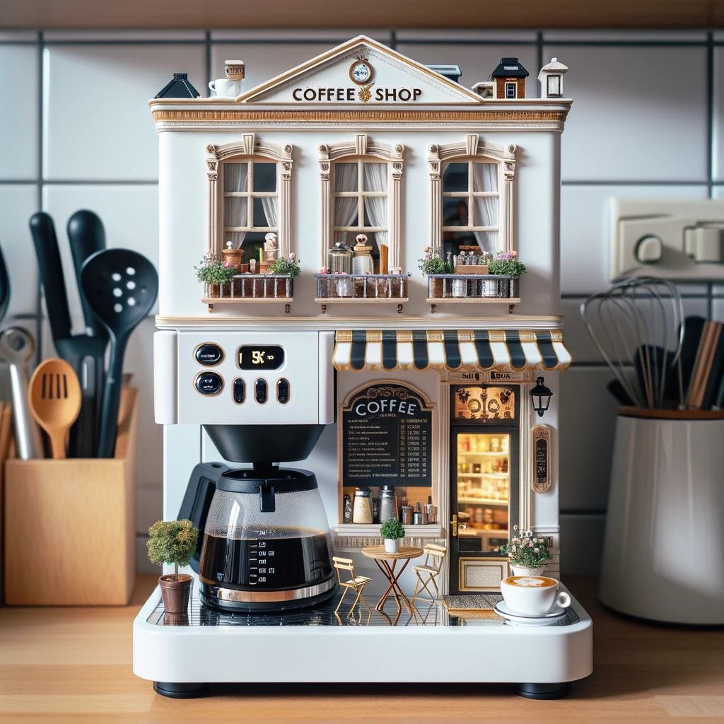 White coffee maker designed like a boutique coffee shop with striped awning and decorative plants.